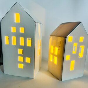 Lot Of 2 Ceramic LED Light-Up House Decor Village New Batteries 8" Gift